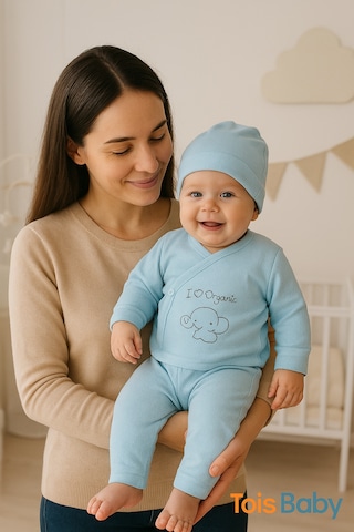 Tois Baby Organik Hastahane Çıkışı Bebek Takımı 0-3 Ay Mavi Renk Mavi