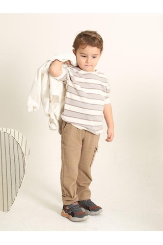 Nanica Kids Erkek Çocuk Beli Lastikli Dokulu Kargo Pantolon-15728 Kahverengi