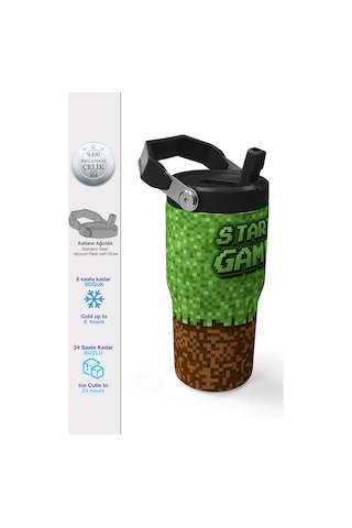 Coral High Yeşil Kahverengi High Craft Desenli Katlanır Ağızlıklı Çelik Termos 600ml 38916 Yeşil
