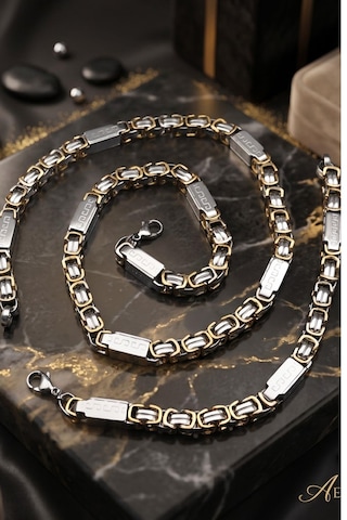 Paslanmaz Çelik Kral Model Erkek Kolye Zincir Ve Bileklik Set 8mm Grek Desenli 902930 Çok Renkli