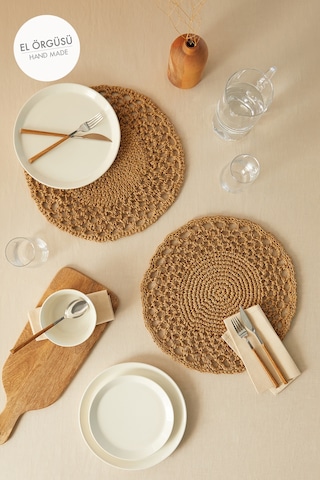 Ocean Home Textile 2 Adet Bej Rafya Sofra Sunum Tabak Altlığı Supla Amerikan Servisi 36 x 36 CM Diğer