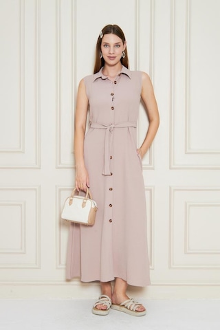 Kadın Uzun Aerobin Elbise Gömlek Yaka, Kolsuz, Kemerli, Yandan Cepli Yazlık-3762385 Pudra