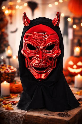 Parlak Kırmızı Şeytan Kafatası Maske Ve Yakalı 120 Cm Pelerinli Halloween Korku Kostüm Seti Cosplay