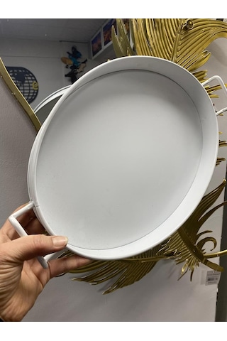 Metal Oval Tepsi, Beyaz, 36 Cm, Kulplu, Dekoratif Servis Tepsisi Çok Renkli