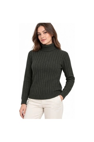 DefyModa Balıkçı Yaka Tam Boğazlı Kalın Fitilli Regular Fit Triko Kazak - Haki