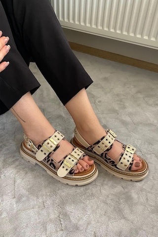 Asmi Shoes Kadın Simya Bej Leopar Çift Bantlı Kapsül Detaylı Kalın Taban Ortopedik Sandalet Bej Leopar Bej
