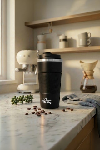 Any Morning Ba21549 Paslanmaz Çelik Termos Mug 500 Ml Siyah, Kaymaz Silikon Halka, Sızdırmaz Kapak