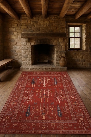 Blghome Otantik Desen Tasarım Modern Halı Dekoratif Kilim Kırmızı