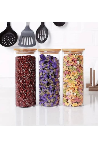3 Adet 1300 Ml Bambu Kapaklı Yuvarlak Bakliyat Seti Kavanozu