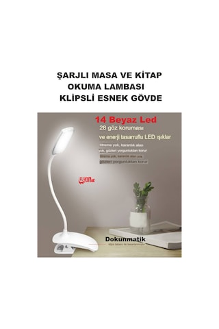 Şarj Edilebilir Klipsli Kitap Okuma Işığı 14 Led Kitap Arası Okuma 3 Modlu Işık Mandallı Lamba Masa Beyaz