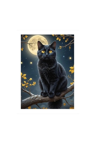 Siyah Kedi Ve Dolunay Desenli Ahşap Tablo 35cm X50cm
