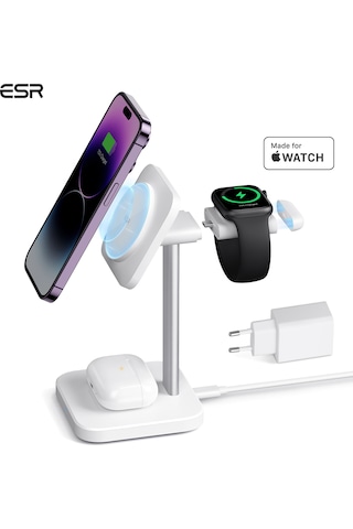 Esr 3 İn 1 17.5 W Hızlı Şarj Standı iOS Watch + Apple Uyumlu AirPods Beyaz