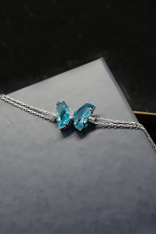 Turkuaz Mavisi Kelebek Özel Taşlı 925 Ayar Gümüş Ayarlanabilir Bileklik - Gümüş