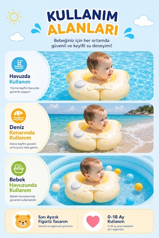 Bebek Can Simidi - Şişme Ayıcık Sarı - 0-18 Ay Güvenli Yüzme Yardımcısı Ar002