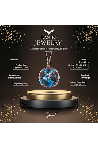 Dünya Haritası Kolye, 925 Ayar Gümüş Rose Gold Kaplama Kolye, Farklı Dünya Tasarımı Gümüş