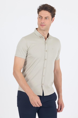 İmza Gri İtalyan Düğmeli Yaka Kısa Kol Cepsiz Slim Fit Gömlek 1004250255 Gri