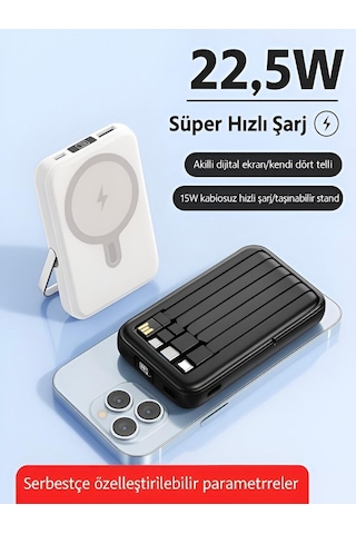 Pw-122 10000mah 15w Kablosuz Kablolu Lcd 22.5w Mikro Lightning Type-c Kablolu Powerbank Çok Renkli