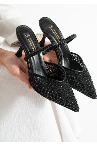 Lebibe Shoes Mına Kadın Siyah File Taşlı 7 Cm Topuklu Slingback Sivri Burun Abiye Ayakkabı