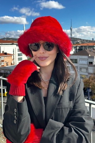 Mollycrush Kadın Kırmızı 2 Li Peluş Bucket Şapka Eldiven Trend Premium Set Kırmızı