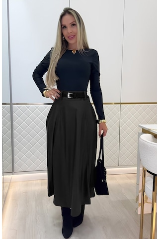 Kadın Yüksek Belli Maxi Deri Kemersiz Etek Siyah