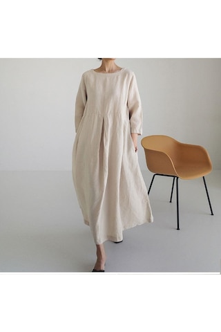 İlkbahar Ve Yaz Kadın Elbise Gevşek Büyük Boy Pamuk Keten Yuvarlak Boyun Kazak Düz Renk Uzun Elbise Askı Elbise Bej