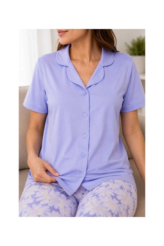 Tenra Kadın Pamuklu Boydan Düğmeli Kısa Kollu Pijama Takımı Mavi