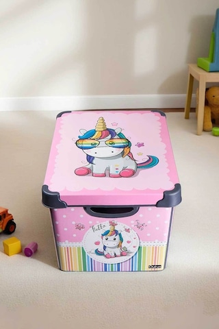 Style Box Retro Unicorn Desenli 20 L Dekoratif Oyuncak Ve Saklama Kutusu Gri Çok Renkli