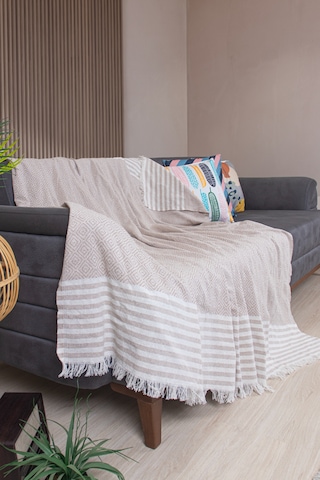 Pamuklu Püsküllü Elmas Desenli Koltuk Örtüsü 170x210 Cm Dekoratif Kanepe, Yatak Ve Tv Örtüsü Bej