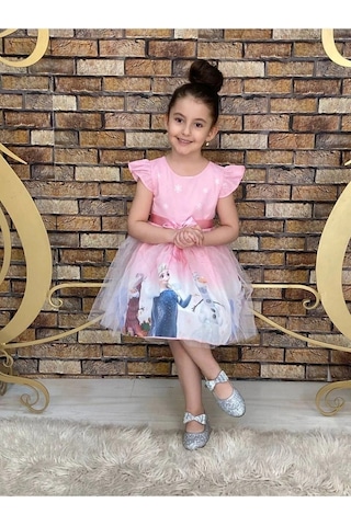 Neşeli Bebe Kız Çocuk Frozen Elsa Pembe Elbise