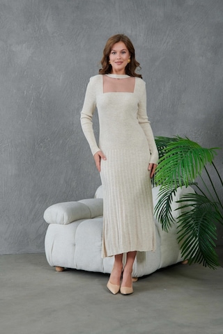 Kadın Bisiklet Yaka Tül Detay Maksi Boy Fitilli Triko Elbise Taş