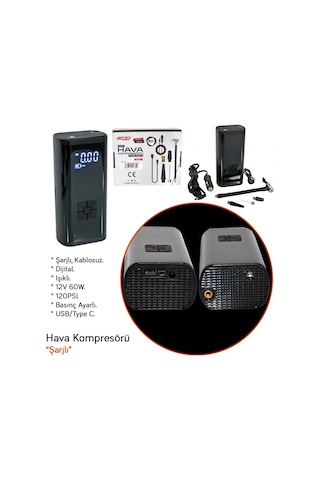 Carub Hava Kompresörü Şarjlı Kablosuz Dijital 12v 60w 120psı 3600mah Usb/type C Br2491330