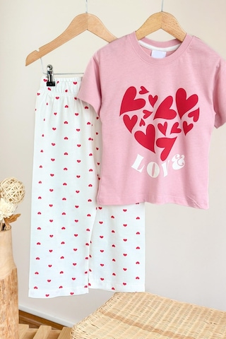 Monila Kız Çocuk Pamuklu Pembe Kalp Baskılı T-shirt Ve Kalpli Müslin Pantolon Alt Üst Takım