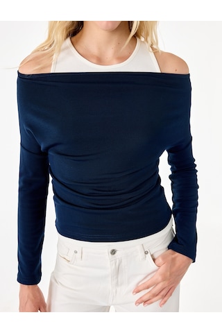 Koton Slim Fit Asimetrik Yaka Katmanlı Uzun Kollu Tişört Lacivert 7wal10328ık