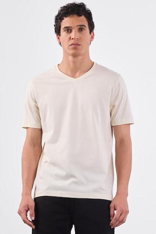 Dufy Ekru V Yaka Pamuklu Düz Renk Slim Fit Erkek T-shirt Ekru