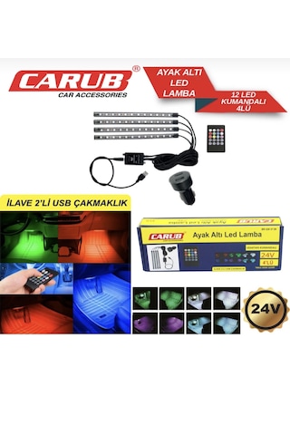 Carub Usb Girişli 12 Ledli 12/24 Volt Uyumlu Ayak Altı Led Kumandalı Araç Içi Aydınlatma 4 Lü Sese Duyarlı Çok Renkli