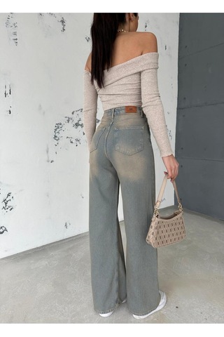 Zeo Basic Denim Baggy Pantolon Yandan Çapraz Dikişli Bej Tintli Bej