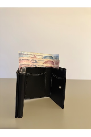 Ogdo - Erkek Suni Deri Akardiyon Otomatik Mekanizmalı Cüzdan & Kartlık Siyah