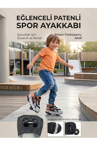 Enoch Çocuk Patenli Işıklı Tekerlekli Spor Ayakkabı & Rahat Cırt Cırtlı Kaykay Ayakkabı 4 Tekerli Sneaker Siyah - Turuncu