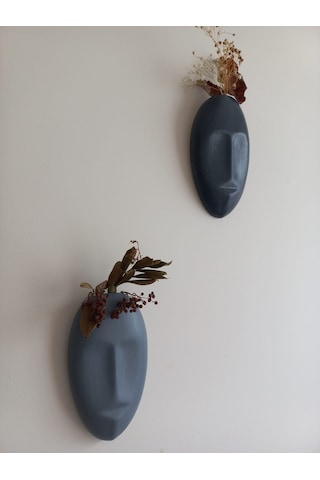 Dekoratif 2'li Yüz Duvar Vazosu, Duvar Süsü ,heykel Aksesuar Antrasit Gri