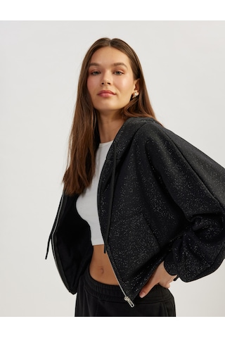 Koton Sim Detaylı Fermuarlı Kapüşonlu Kanguru Cepli Crop Sweatshirt Siyah 5sal10598ık Siyah