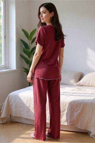 Bella Notte Pamuklu Bordo V Yaka Yazlık Pijama Takımı