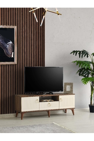 110 CM MDF MEBRAN KAPAK TV SEHPASI BAROK CEVİZ - KREM