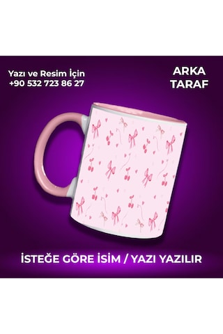 Kişiye Özel Pembe Kurdele Desenli Renkli Kupa -çok Hoş Hediye Pembe