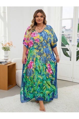 Edolynsa Şık Yeşil Baskılı Kadın Bohem Sabahlık Kaftan Ev Elbisesi Gevşek Tatil Partisi Uzun Elbise Mayo Üst Kıyafet Q1594 Çok Renkli