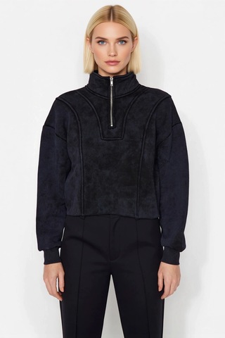Benerly Kadın Dik Yaka Düşük Kol Fermuar Detaylı Crop Sweatshirt Fonksiyo Antrasit