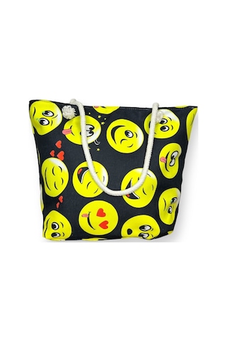 Kadın Çok Amaçlı Büyük Boy İçi Astarlı Fermuarlı Siyah Renkli Emoji Desenli Örgülü Yumuşak Saplı Deniz Plaj El Ve Omuz Çantası Sarı