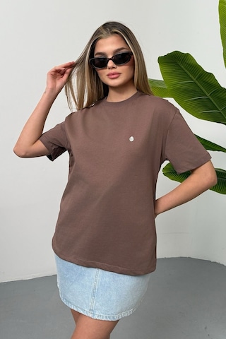 Giysa Kadın Gümüş Aksesuar Detaylı Pamuklu T-shirt Açık Kahverengi - 26y 26510