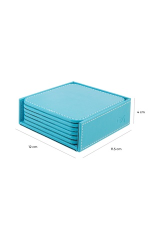 Bardak Altlığı,6 Lı Set,masaüstü Kare Cup Coaster,vegan Suni Deri,11x11 Cm.,turkuaz