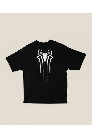 Örümcek Adam Film Logo Baskılı Unisex Marvel Oversize Tişört Siyah