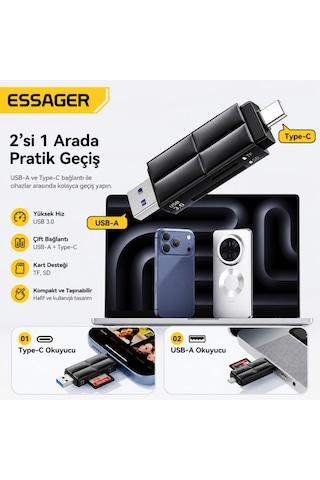 Essager Usb 3.0 Type-c + Usb-a 2in1 Arada Sd/tf Kart Okuyucu Yüksek Hızlı Hafıza Kartı Adaptörü